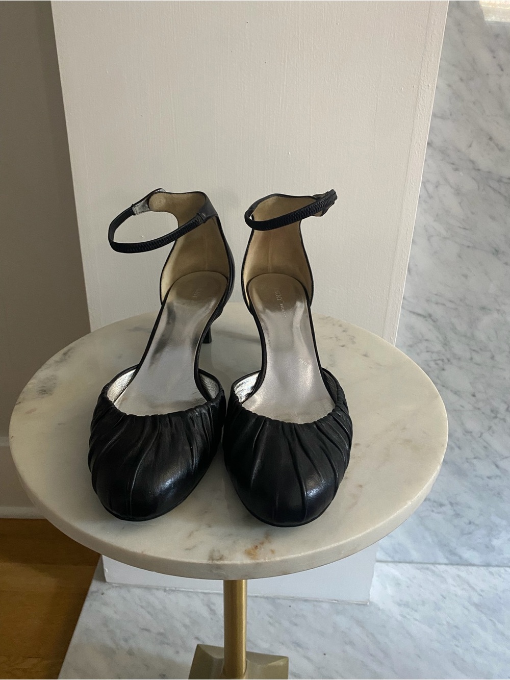 DKNY Black Ruched Leather Ankle-Strap Kitten Heels
